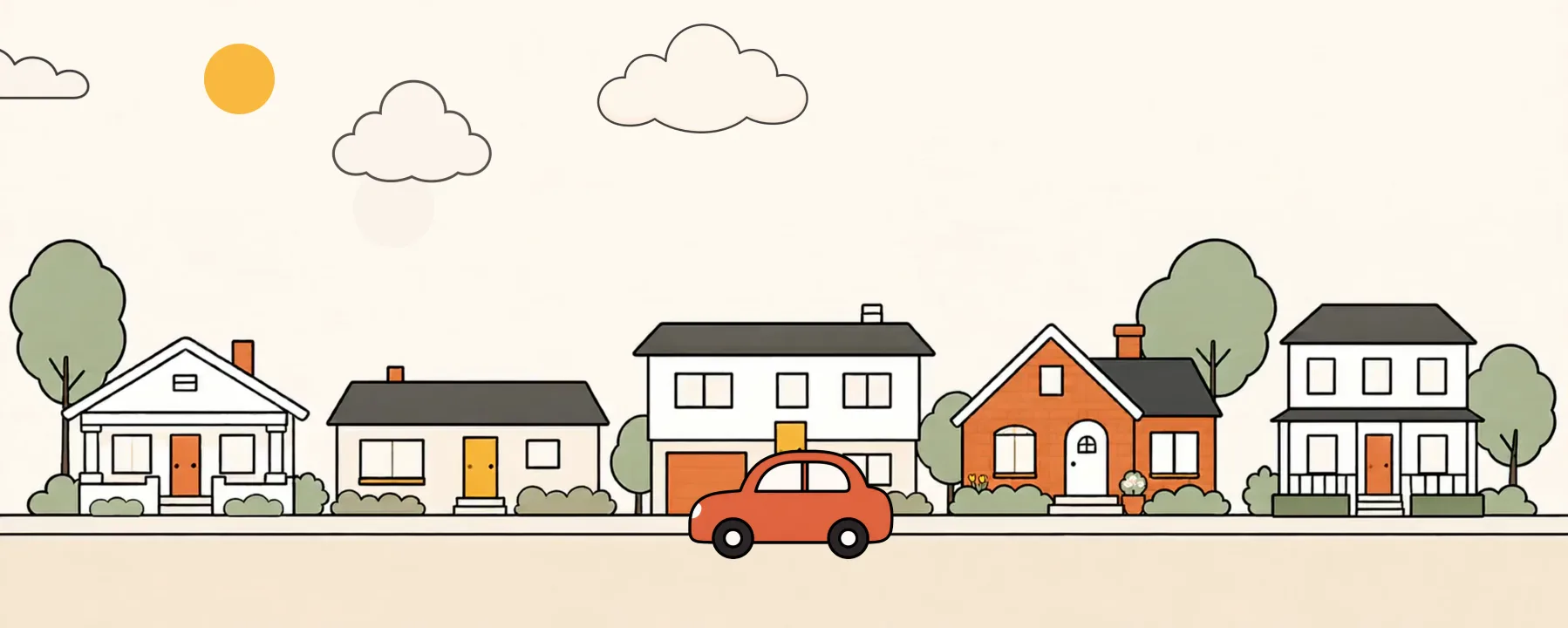 Illustrated Midwest neighborhood street with bungalows and two-stories, mature trees, neighbors out walking, and a sold sign on a front lawn